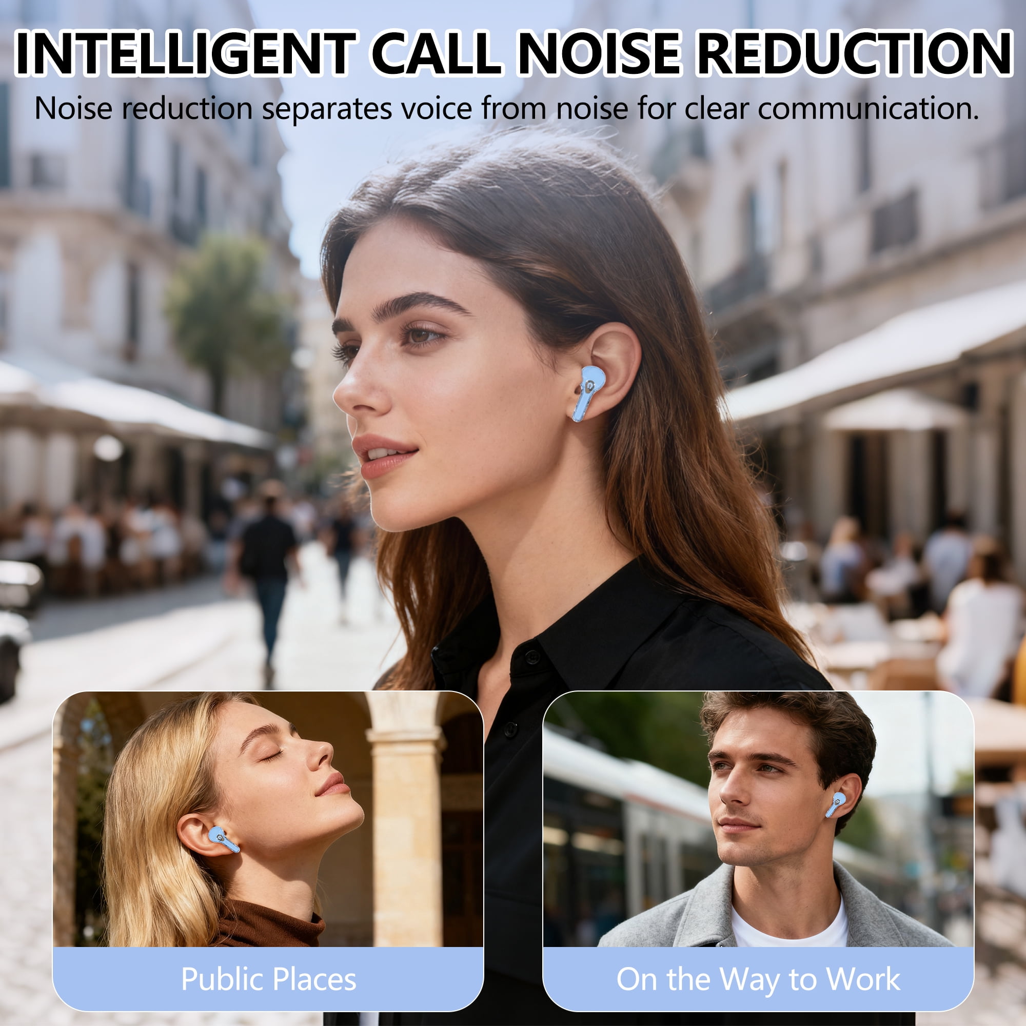 ENC Wireless Bluetooth Earphone, Smart Touch Screen Headphone, 24h Playtime for Sports & Working, Stereo Sound Headphone for iOS/Android/Windows, Blue