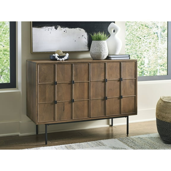 Signature Design by Ashley Juddins Accent Cabinet, Solid Mango Wood Storage Console with Carved Doors, Brown
