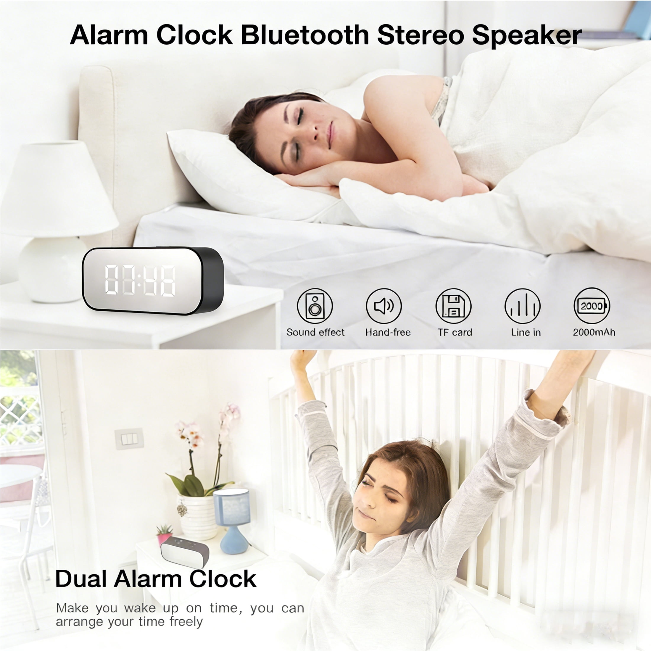 Alarm Clock with Bluetooth Speaker, Alarm Clock for Bedroom/Office, LED Digital Alarm Clock, Large Display Easy to Read Across,Makeup Mirror Multi-Function Desk Clock for Heavy Sleepers Adults(Black)
