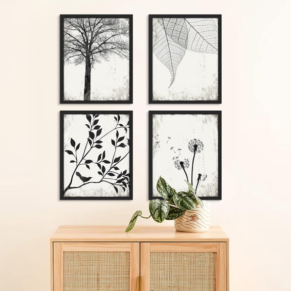 PixonSign Framed Posters Black & White Forest Tree Leaf Dandelion Prints, Set of 4 Country Farmhouse Plants Wall Décor, Adhesive Canvas Wall Art, Minimalism Home Artwork - 11"x14" Black