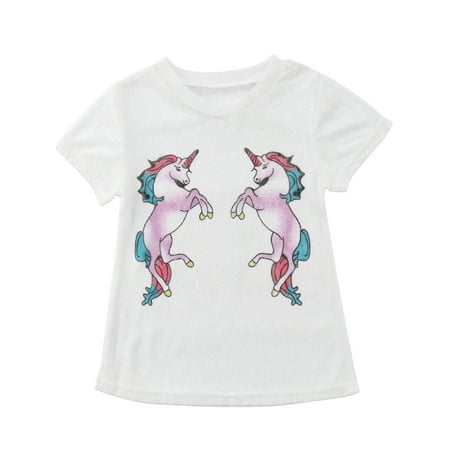 

Gwiyeopda Baby Girls Summer Dress Short Sleeve Unicorn Printed Sheer Tulle Mini Casual Dress