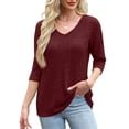 thumbnail image 4 of ManxiVoo Womens Brushed Striped V Neck Tee Shirt Artistic Retro Inspired Three Quarter Sleeve Top XXL Size Wine, 4 of 7