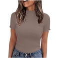 thumbnail image 3 of ClodeEU Women's Ribbed Knit Mock Neck T-Shirt, Short Sleeve Fitted Basic Top Brown,Women's Plus S, 3 of 9