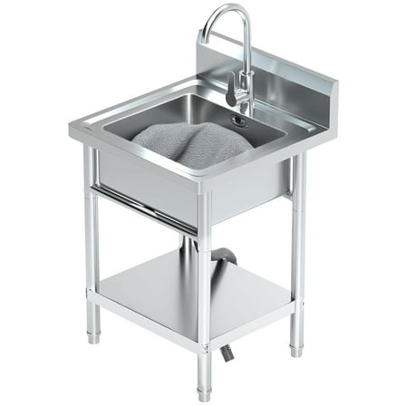 Utility Sink Freestanding Single Bowl, Stainless Steel Laundry Sink Hot and Cold Water Plumbing for Restaurant, Laundry Room, Garage, Commercial Kitchen