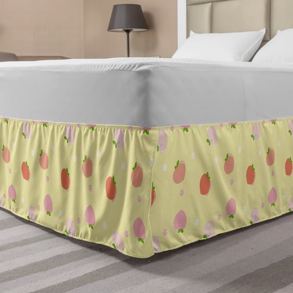 Peach Colors Bed Skirt, Repetitive Fruit with Leaves Blossom in Warm Muted Tones Pattern, Elastic Bedskirt Dust Ruffle Wrap Around for Bedding Decor, 4 Sizes, Pale Yellow Peach Salmon, by Ambesonne