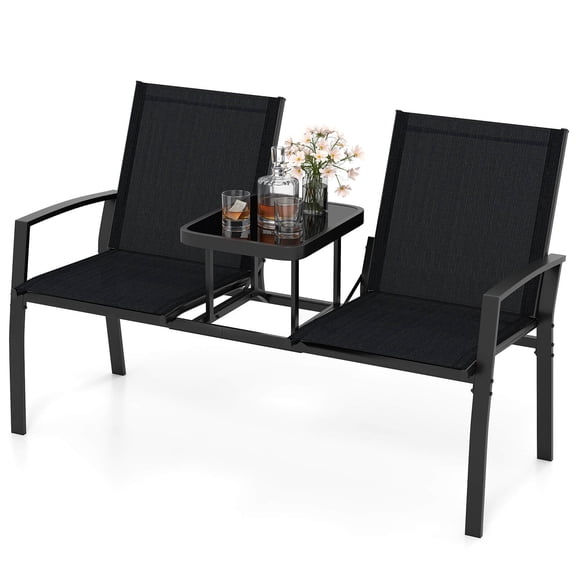 Costway Patio Loveseat with Built-in Table, Breathable Fabric Back and Seat, Metal Frame Black