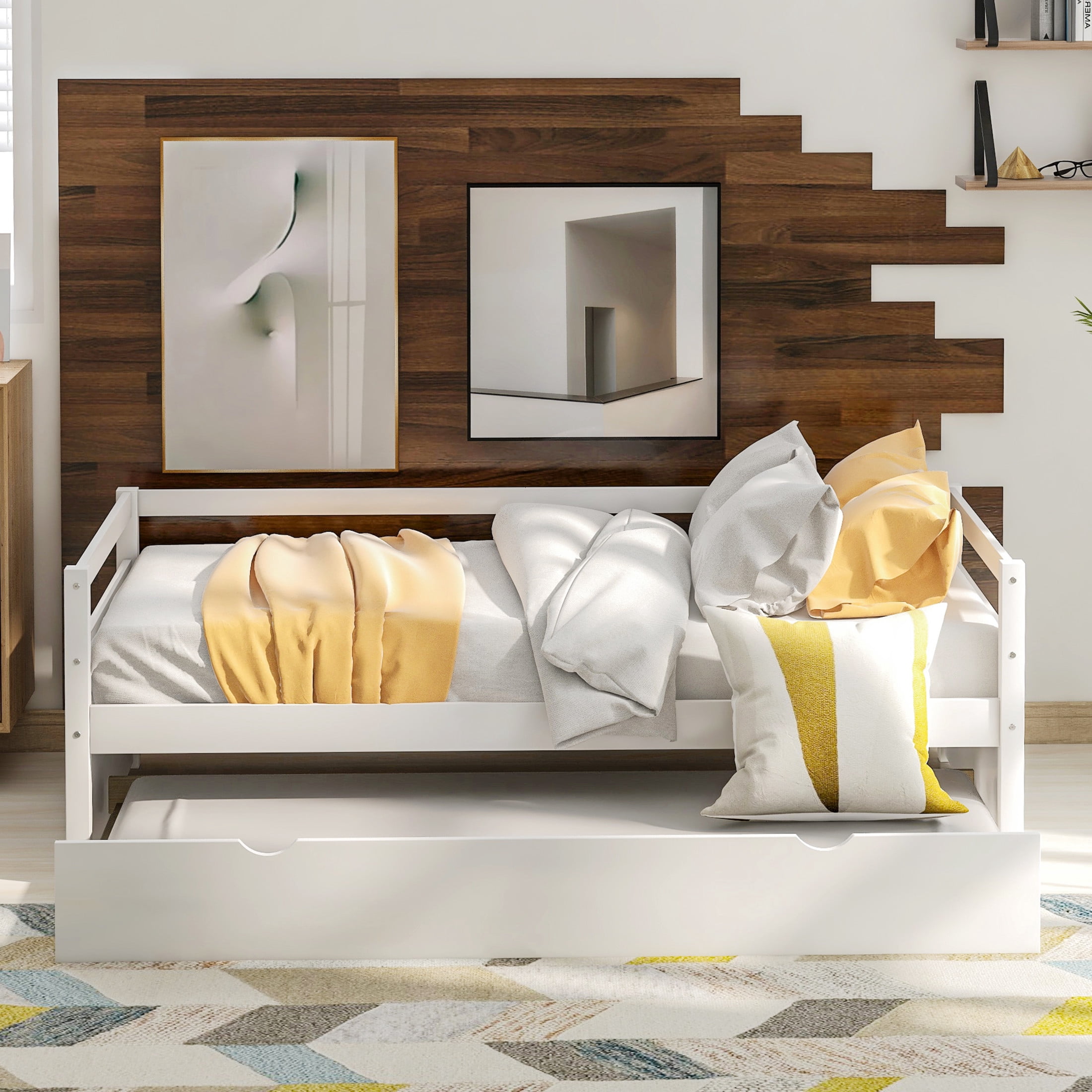 Noble House Twin Daybed with Hidden Rolling Trundle, Pine Wood Frame, Minimal Space Saving Design, White