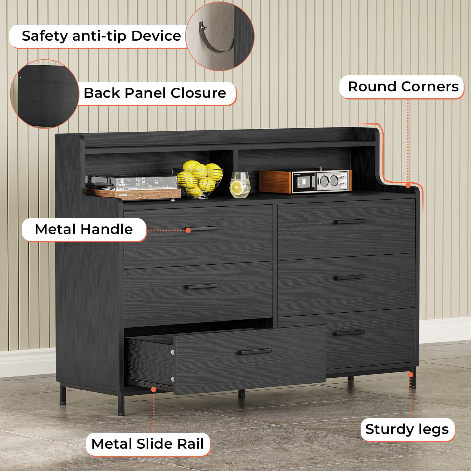 メーカー 一覧 Black Aunfebrco Double Shelf Tall Drawers, 6 with Dresser ニット/セーター