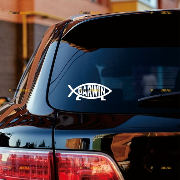 Darwin Fish Ichthys Symbol Jesus Fish Sticker Decal Vinyl - 2 Pack White 4" - For Car Boat Laptop Cup No Background Die-cut