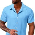 thumbnail image 3 of BLTIBY Mens 2 Pieces Outfits Texture Short Sleeve Button down Lapel Shirts and Drawstring Shorts Beach Sets with Pockets Light Blue S, 3 of 4