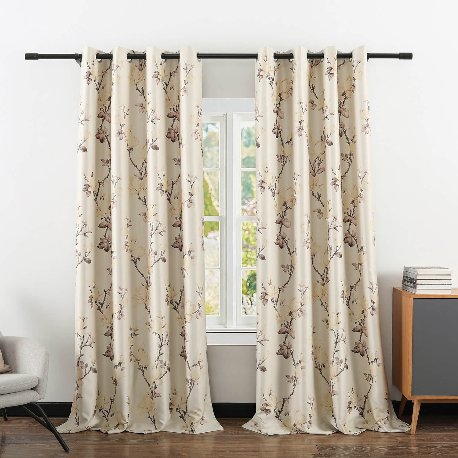 VOGOL Magnolia Flower Blackout Curtains for Bedroom, Grommet Thermal Insulated Room Darkening Curtains for Living Room Patio Door Window Drapes, 2 Panels, W52 x L63