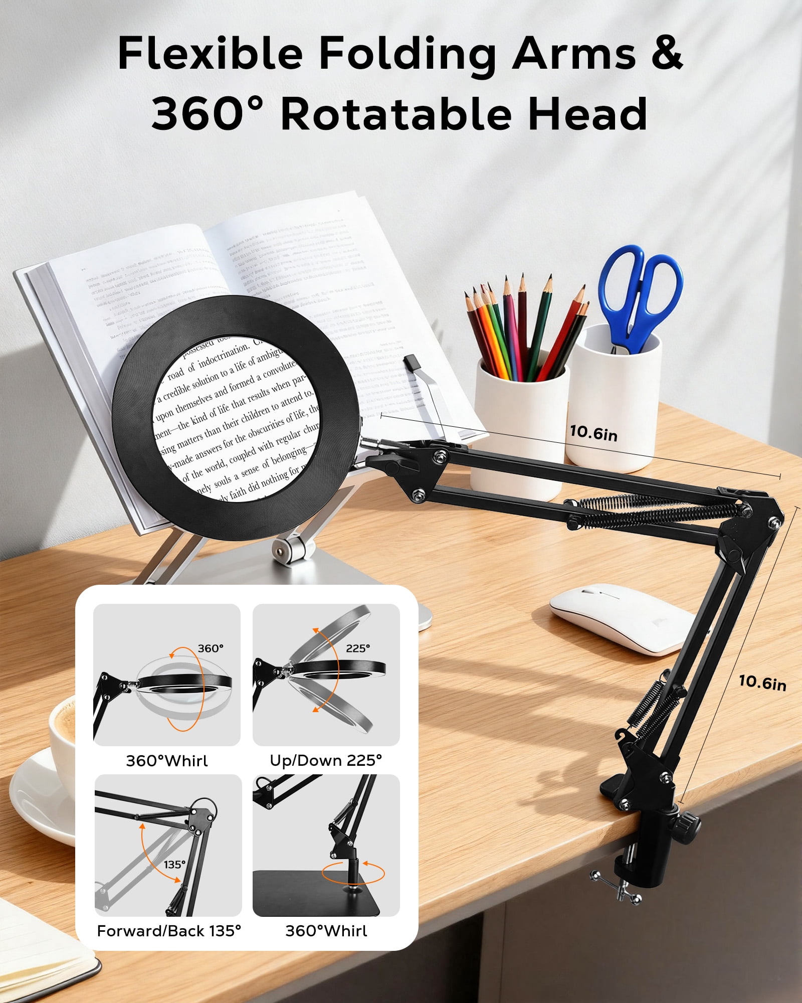 WEENEED 10X Magnifying Lamp with Light, Adjustable Swing Arm, Desk Base and Clamp, USB Powered for Reading, Crafts and Repair