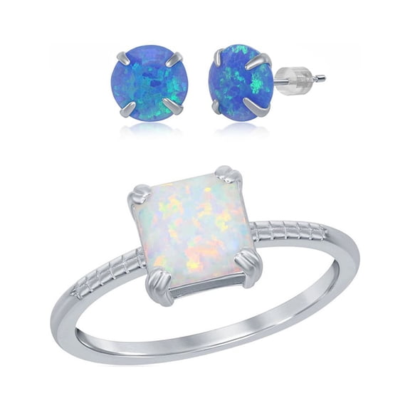 925 Sterling Silver Rhodium Plated 7mm Square White/Blue Created Opal Beaded Band Ring Including 6mm Round Created Blue Opal Stud Earrings Jewelry Set