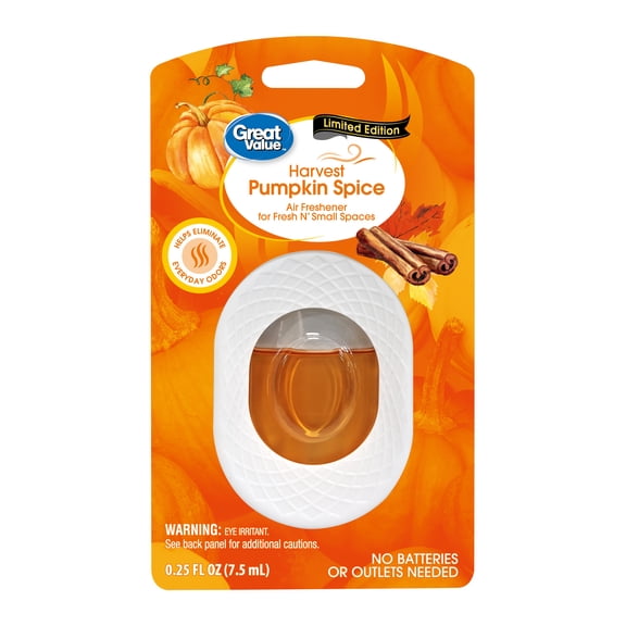Great Value Fresh N' Small Air Freshener, Harvest Pumpkin Spice Scent, 0.25 fl oz