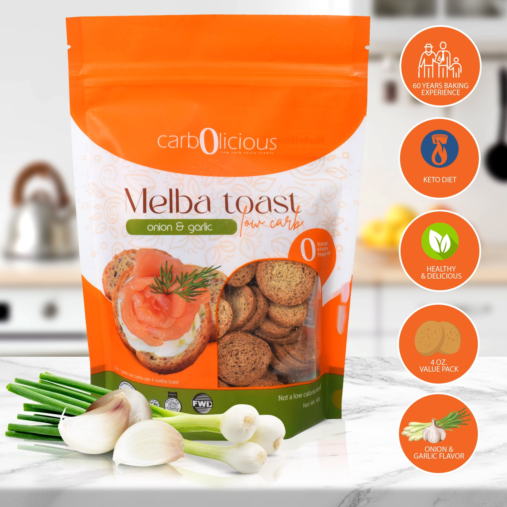 Carbolicious Low Carb Melba Toast, Onion & Garlic Flavor, Crunchy Keto Snack Crackers, High Fiber, 4 oz Pouch