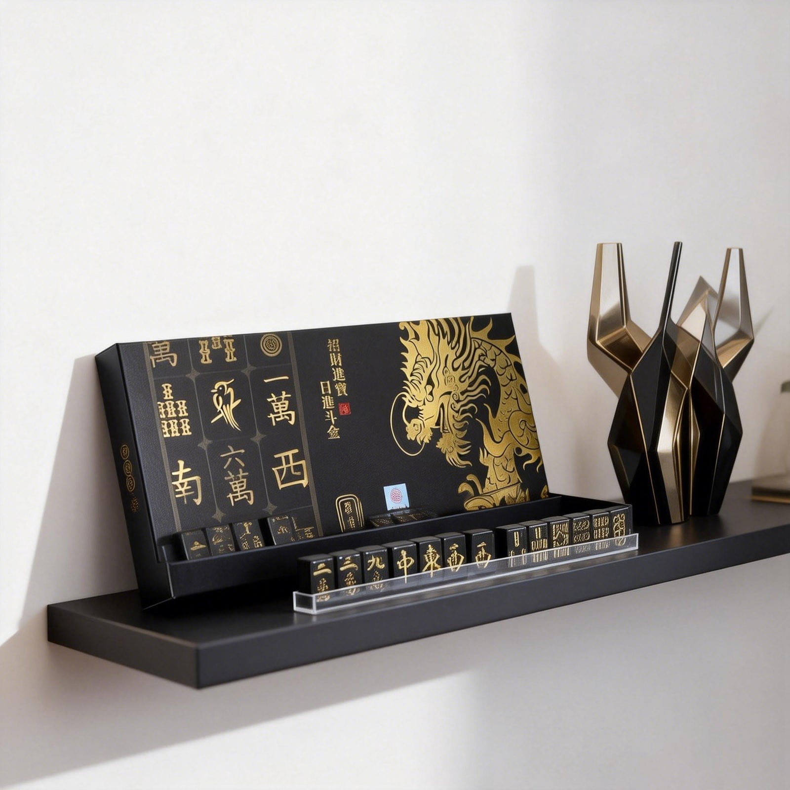 Mahjong Set, Mini Portable Travel Mahjong Tiles Set, Compact Black Mahjong Game with Gold Characters, Melamine Mahjong Set for Family Gatherings Parties