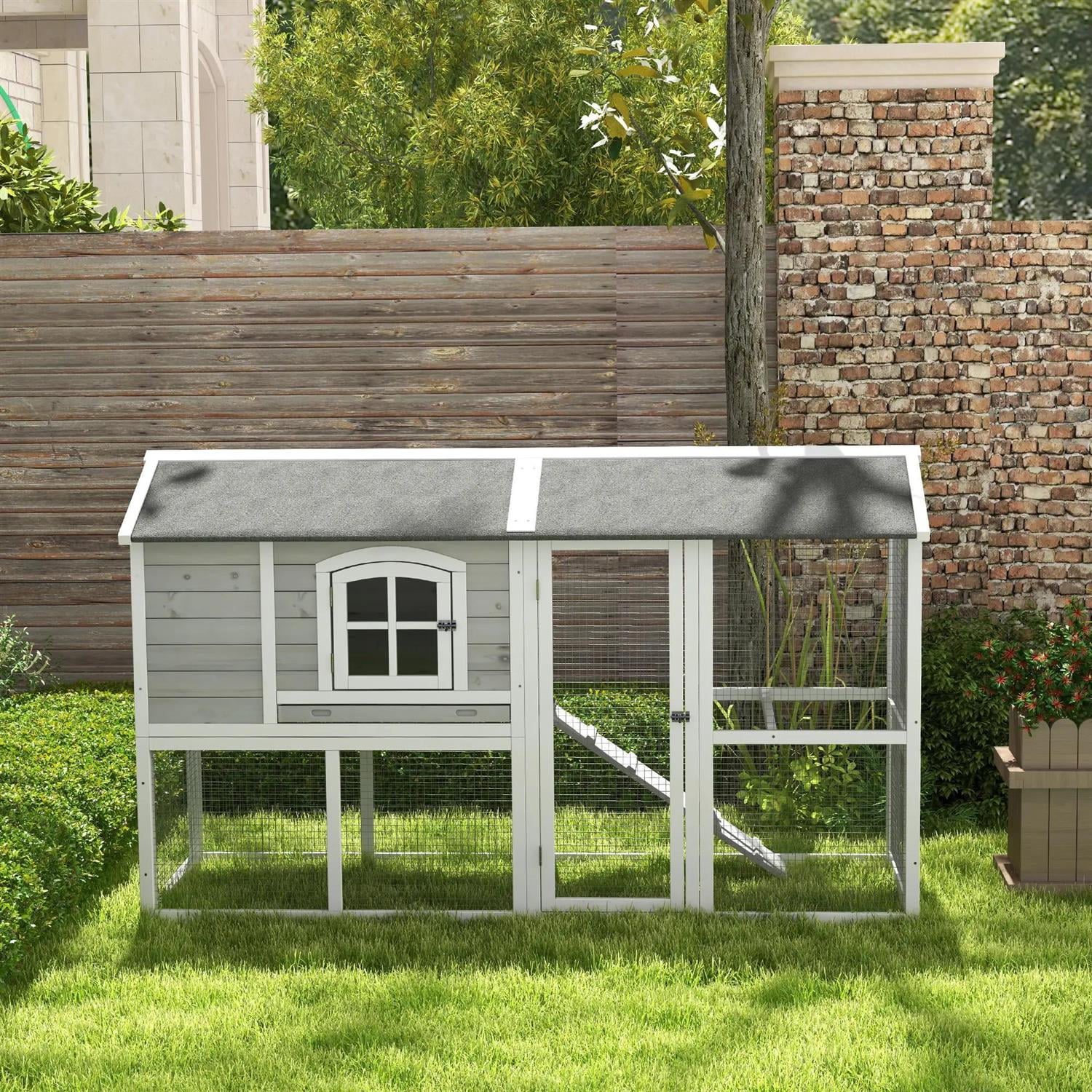 Pefilos 77" Large Chicken Coop Rabbit Hutch, Outdoor Wooden Poultry Cage Hen House with Nesting Box, Removable Tray for Garden Backyard, Gray