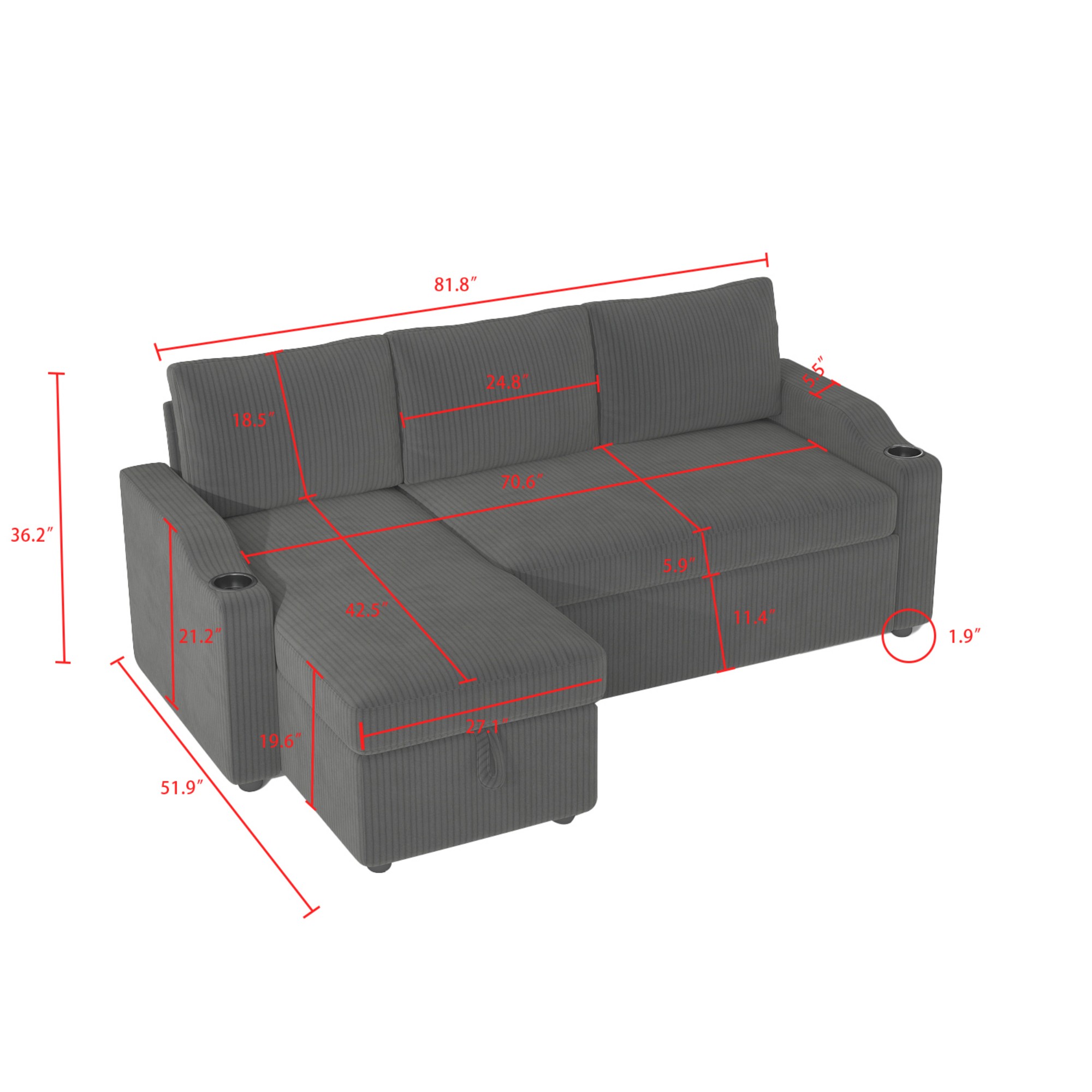 Gewnee Pull Out Sofa Bed,3 In 1 Sleeping and Seating Sofa with Storage Function,with Corduroy Fabric L-shaped Sofa,Suitable for Living Room,Bedroom and Apartment(Gray)