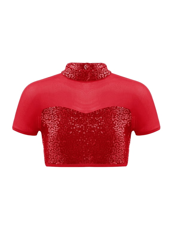 Kids Girls Sequins Mesh Splice Cutout Back Jazz Hip Hop Modern Dance Crop Tops Mock Neck Tee Blouse Red 4