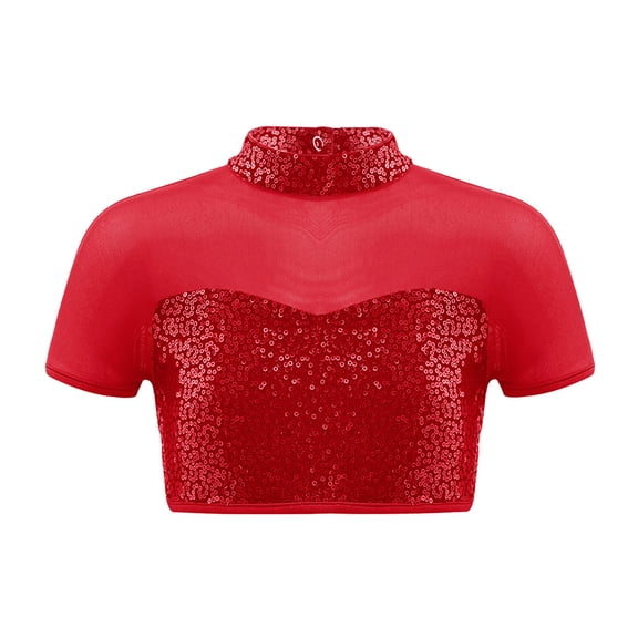 TiaoBug Kids Girls Sequins Mesh Splice Cutout Back Jazz Hip Hop Modern Dance Crop Tops Mock Neck Tee Blouse Red 4