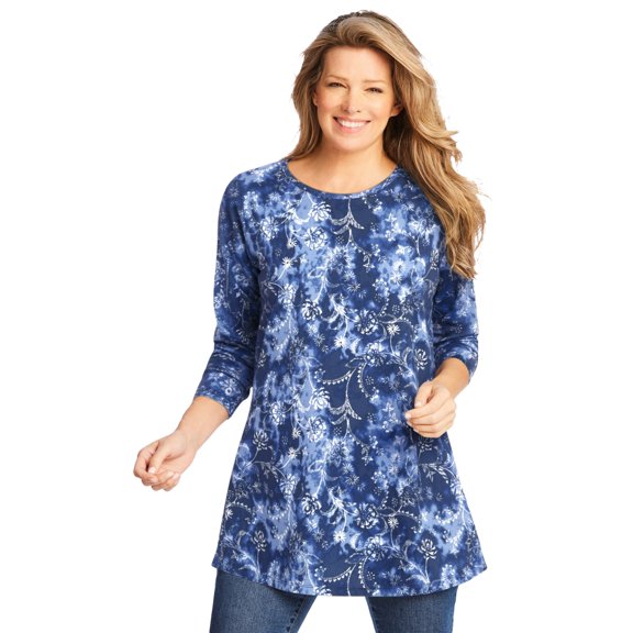 Woman Within Plus Size Perfect Printed Long-Sleeve Crewneck Tunic