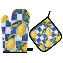 Yayeee Oven Mitts and Pot Holder Set of 2 Heat Resistant Kitchen Gloves Baking Hot Pad, Lemon Checkered