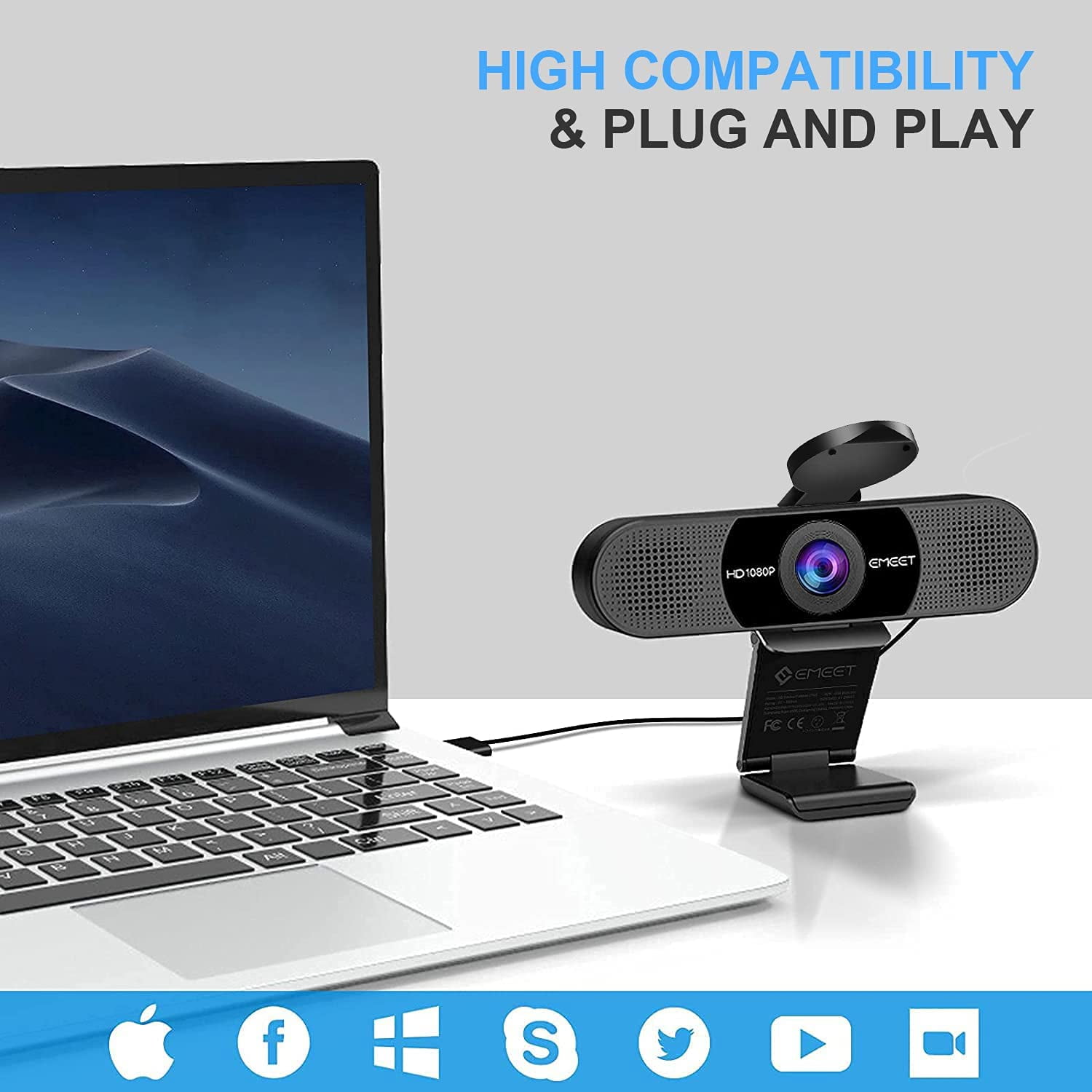 Emeet C960 Desktop USB Webcam 1080p HD with Microphone, 90°FOV