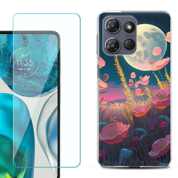 For Motorola Moto G Power 5G 2025 Phone Case Cover with Tempered Glass Screen Protector, by OneToughShield - Moon Poppies