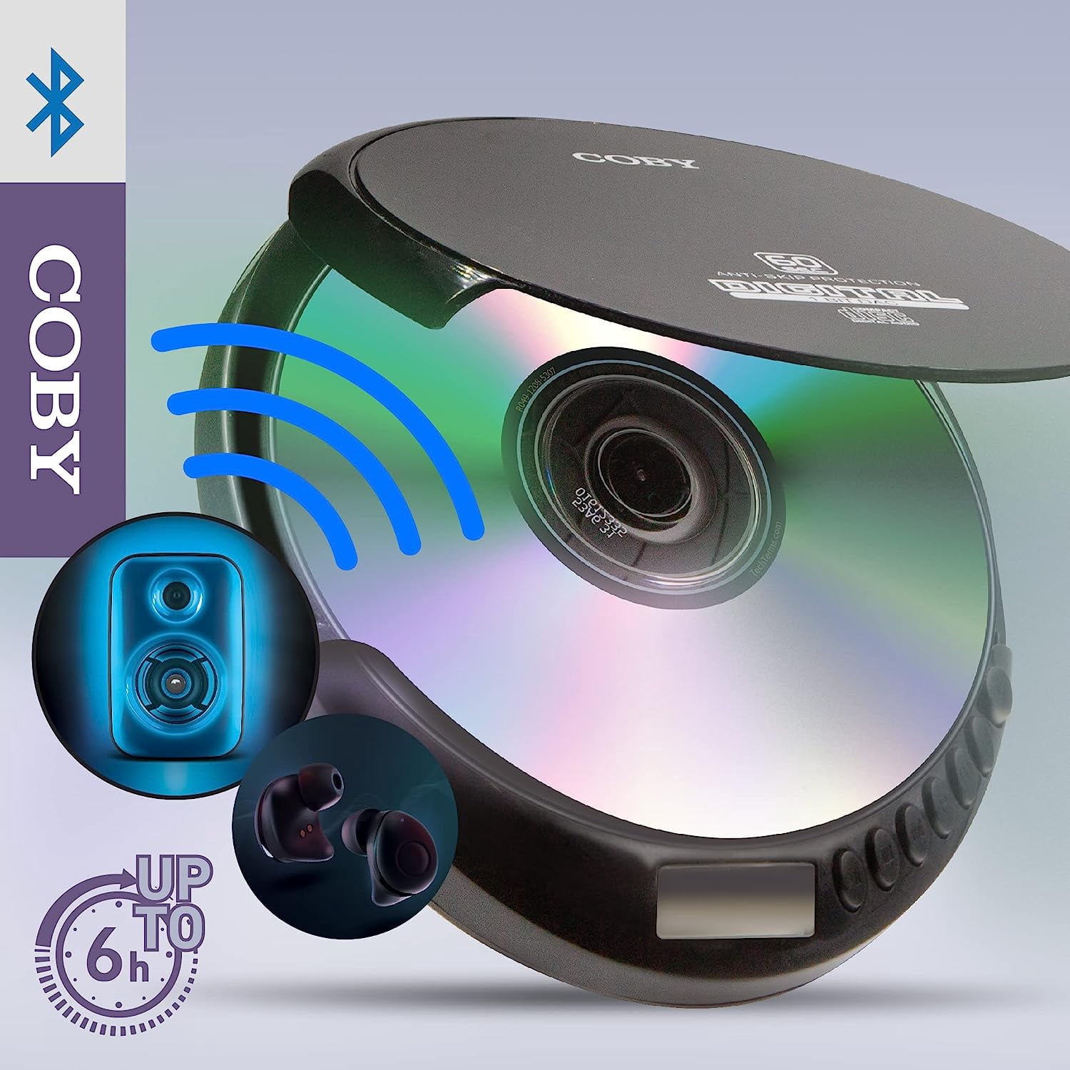 Coby CD Player Portable Bluetooth CD Player for Car, Headphones, FM, AUX, MP3 Anti-Skip CD Player for Home, Compact Discman, Rechargeable, Lightweight
