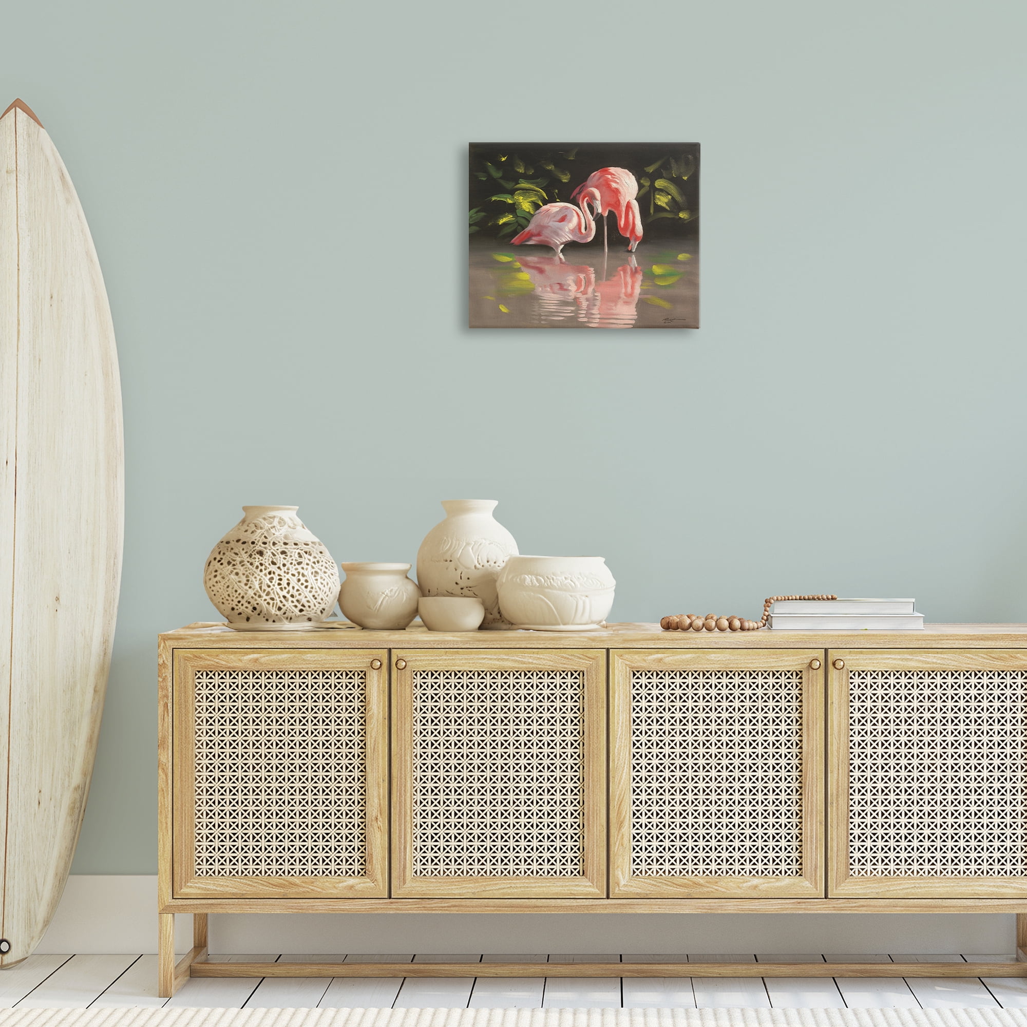 Stupell Industries Flamingos with Pond Reflection Animals & Insects Painting Gallery Wrapped Canvas Art Print Wall Art, 20 x 16