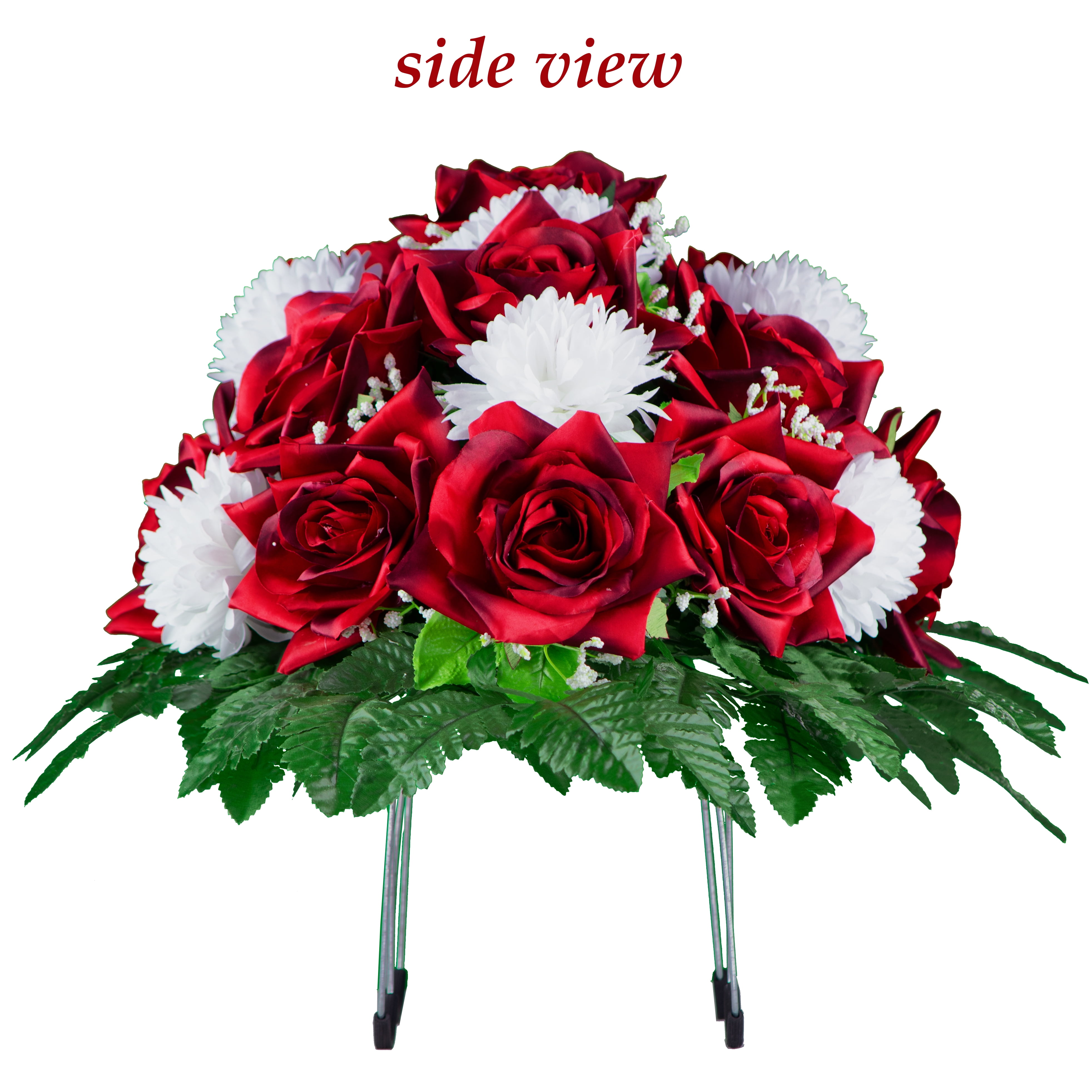 Sympathy Silks Artificial Cemetery Flowers 30" Red Open Rose/White Mum Saddle for Headstone