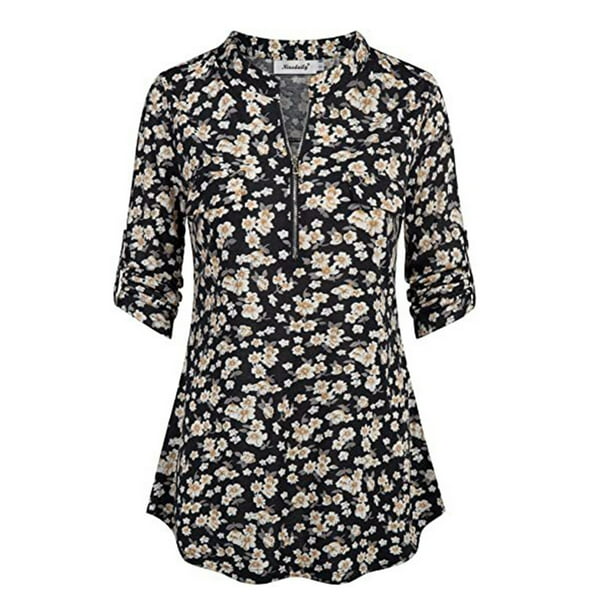 Sunward Sunward Women Casual Half Sleeve Flower Printing Zipper Shirt Stand Collar Tops Walmart Com Walmart Com