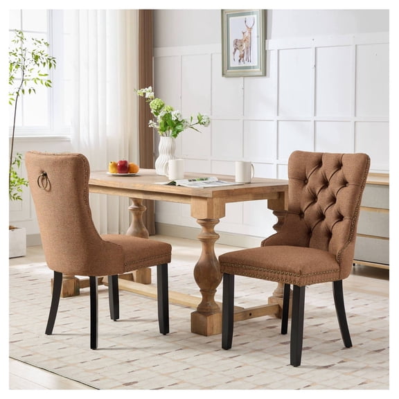Linen Dining Chairs Set of 2, Tufted High Back Wood Chairs, Contemporary Coffee Color, Solid Wood Frame, Nailhead Trim, SW6801CF Coffee Dining Room American Design Set of 2 Foam Fabric