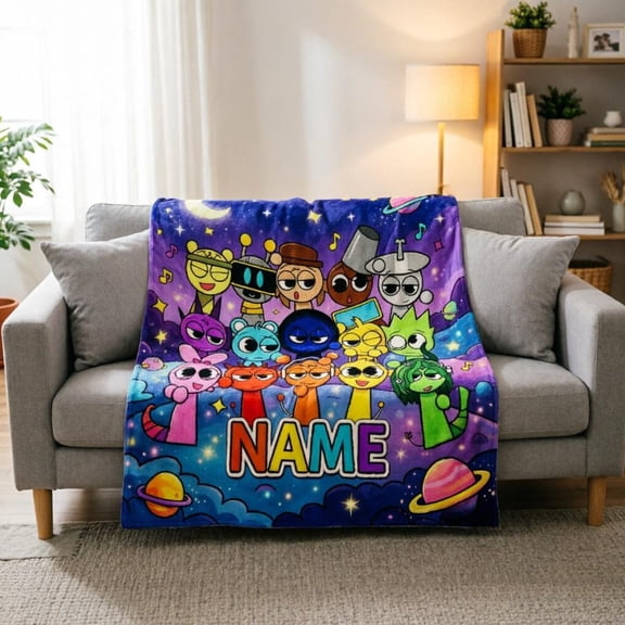 Custom Name Sprunki Flannel Blanket, Soft Throw Blanket, Cartoon Game Fan Gift