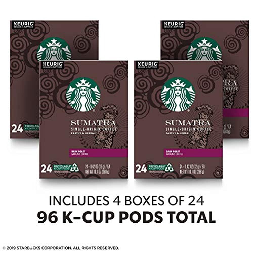 Starbucks Dark Roast K-Cup Coffee Pods - Sumatra for Keurig Brewers - 4 Boxes (96 Pods Total)