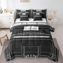 Manfei Teens Piano Music Twin Bedding Sets 7-Piece, Geometric Stripes Bedding Comforter Set, Black White Musical Note Sheet Sets, Super Cozy Room Decor