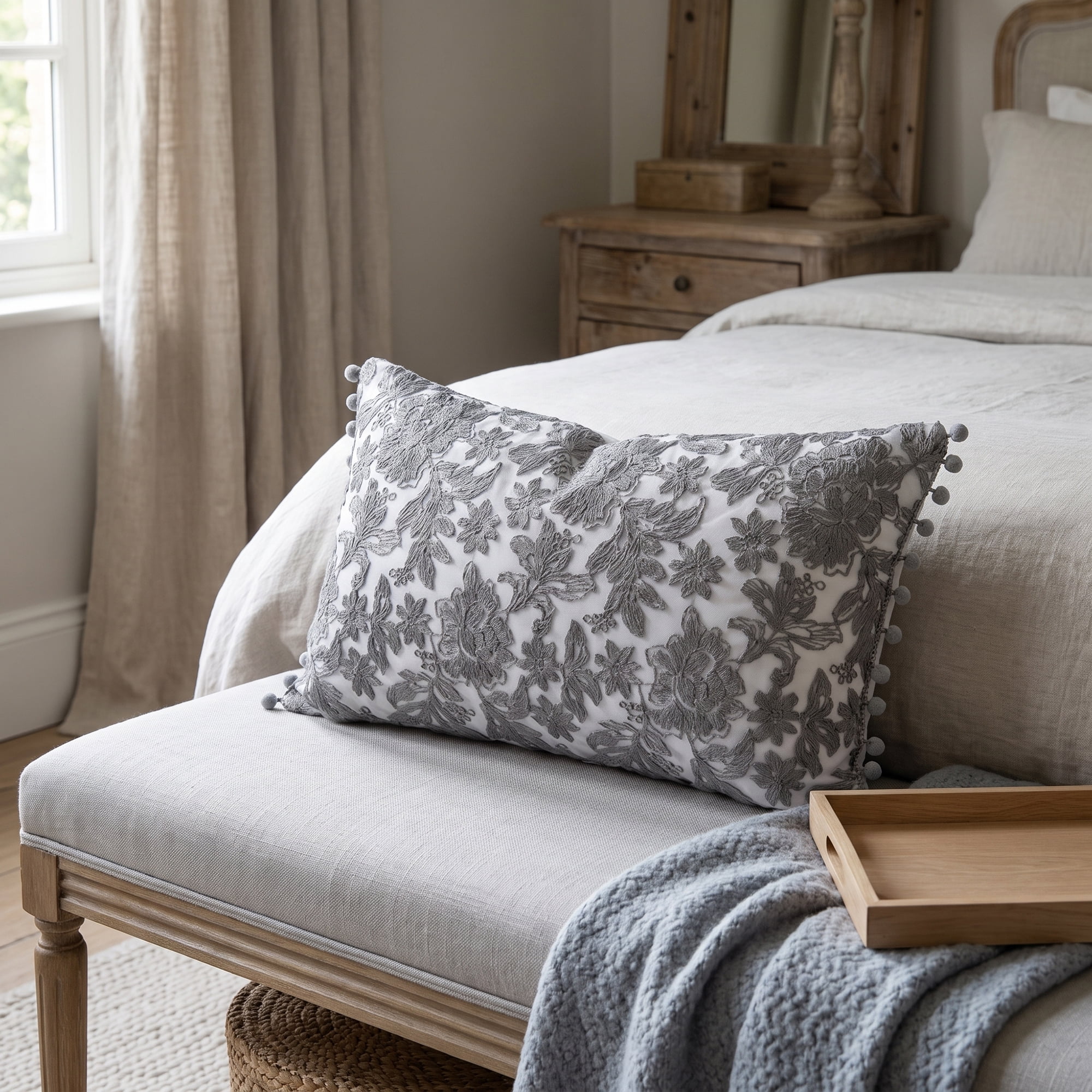 Unique Bargains Elegant Vintage Floral Throw Pom-Pom Pillow Covers Grey 20" x 12"
