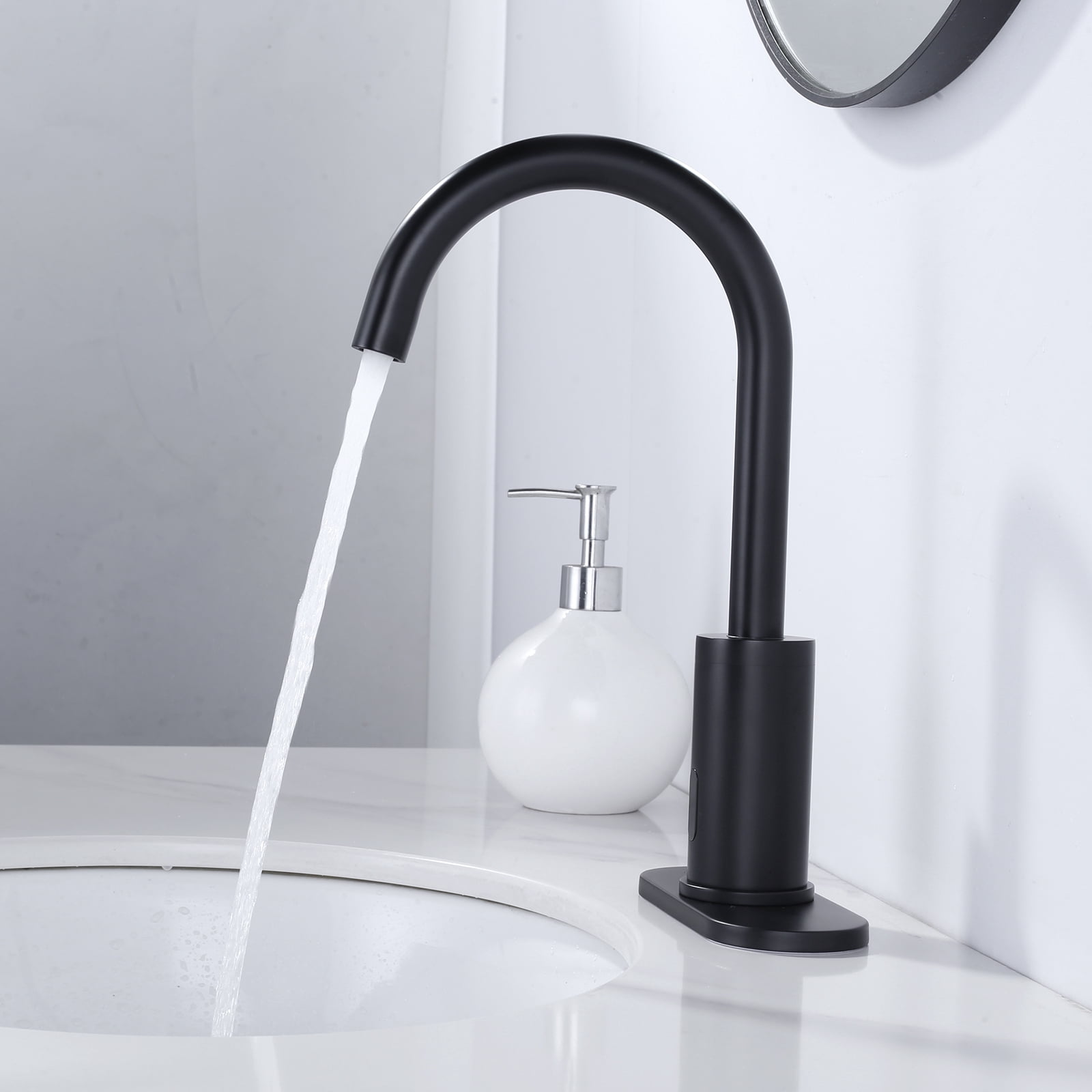 Wowow Touchless Bathroom Faucet - Tall Automatic Bathroom Sink Faucet with Single Hole, Control Box and Temperature Mixer for Vanity with Deck Plate, Matte Black