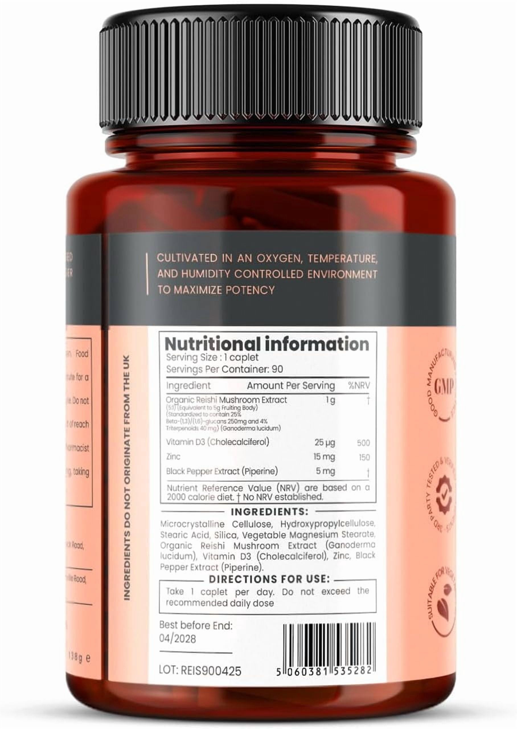 Pureclinica Double Strength Reishi Mushroom 5000mg – 90 Caplets (3-Month Supply) – with Vitamin D3, Zinc & Piperine – 100% Fruiting Body Extract – No Mycelium or Fillers