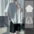 thumbnail image 3 of Conjuntos de camisetas y pantalones cortos para hombre, de nailon, lisos, sin logotipo, de corte regular, informales, holgados, novedad en camisetas y tops, moda para hombre 2024, 3 of 5