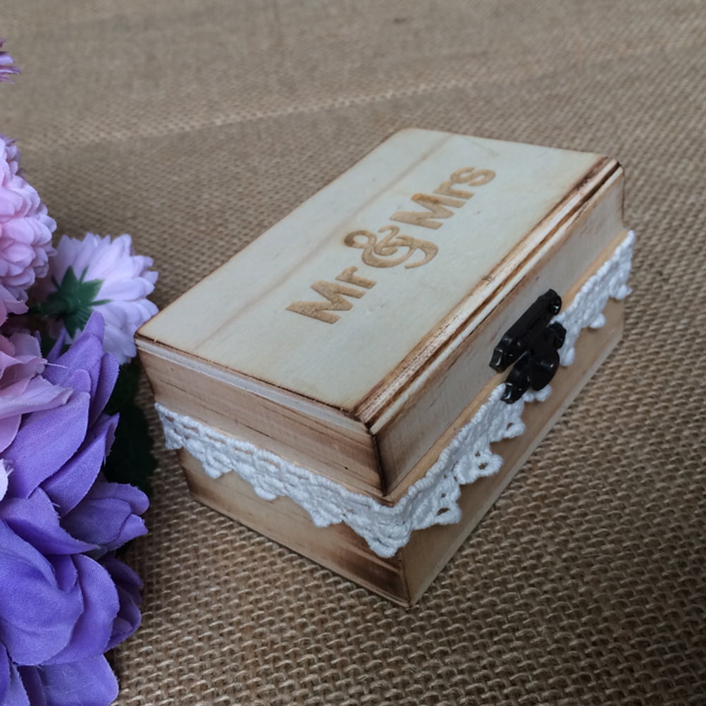 Wooden Mr Mrs Ring Box Rustic Engagement Wedding Ring Bearer Box - Main Image