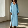 thumbnail image 5 of Edvintorg Women’S Dresses V Neck Long Sleeve Lightweight Cotton and Linen Loose Casual Dress Women Clothes S-2XL Light Blue, 5 of 7