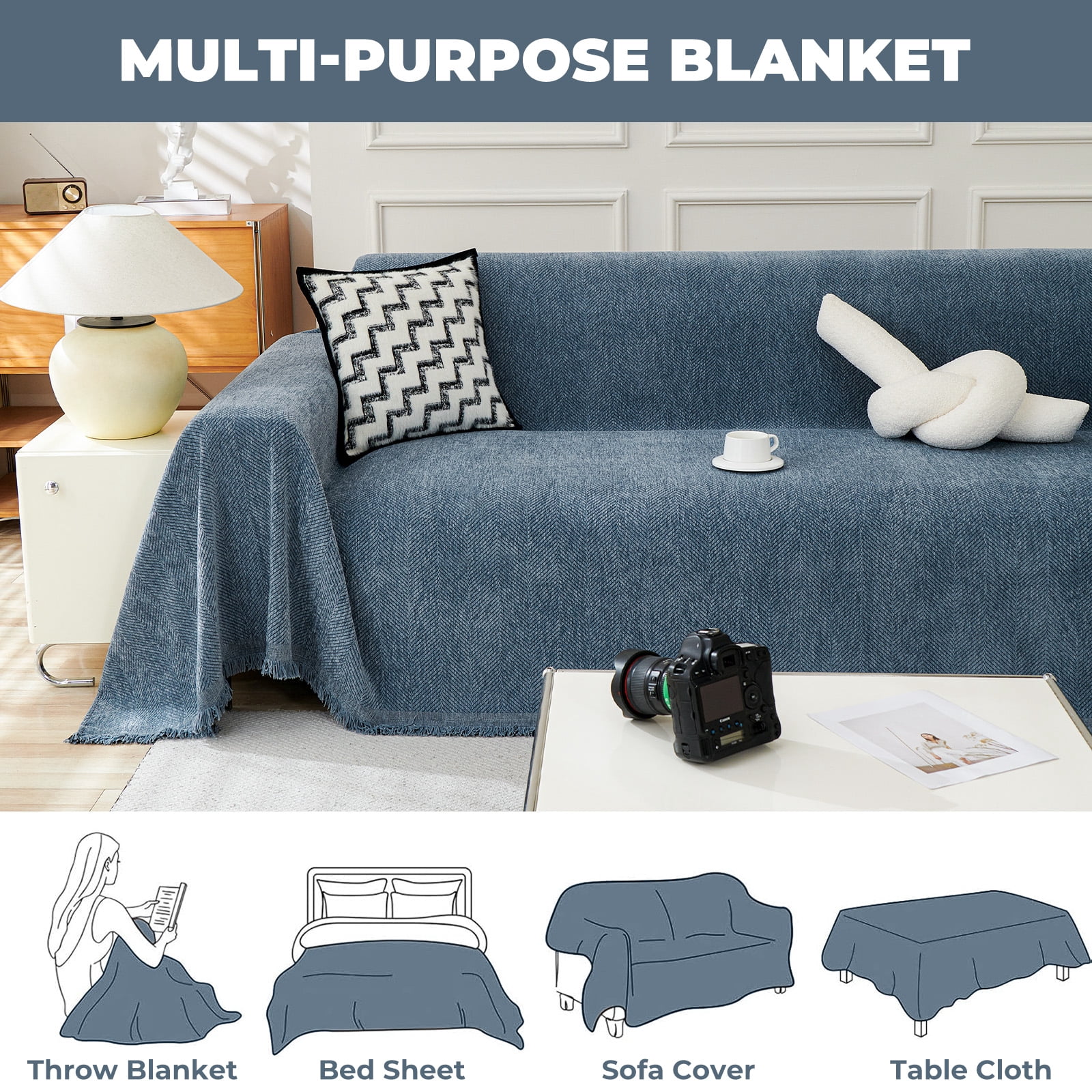 Sanmadrola Sofa Cover Non Slip Couch Cover for 3 Cushion Couch Machine Washable Furniture Protector for Dogs Pet Chenille Throw Slipcover Blanket for Living Room (Blue, 71"x118")