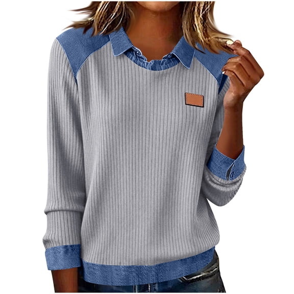 ZACPNCV Womens Pullover Top Long Sleeve Solid Color with Denim Collar Accent and Stitch Detail Casual Wear