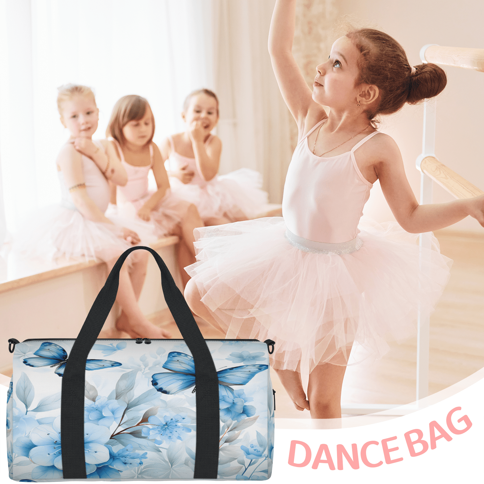 Herdesigns Blue Butterfly Flower Travel Duffle Bag Sports Yoga Weekender Overnight Carry on Workout Bags Lightweight Waterproof Gym Tote Bag for Women