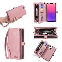 for iPhone 6s Plus/6 Plus Zipper Pocket Case with RFID Blocking Card Holder,Detachable Wallet Magnetic Multifunctional Phone Case Flip Kickstand PU Leather with Wrist Strap for Women/Men,Pink
