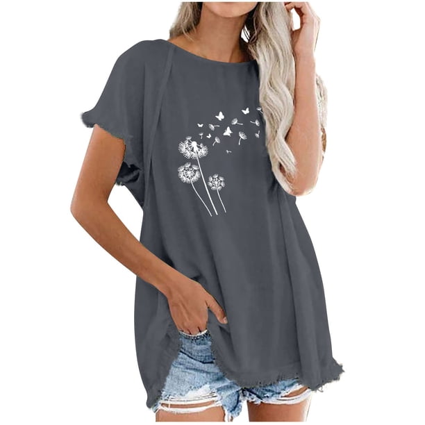 Blusa de manga corta con estampado regular de flecos y cuello redondo de algodón y cáñamo para mujer OAVQHLG3B Store lin121212