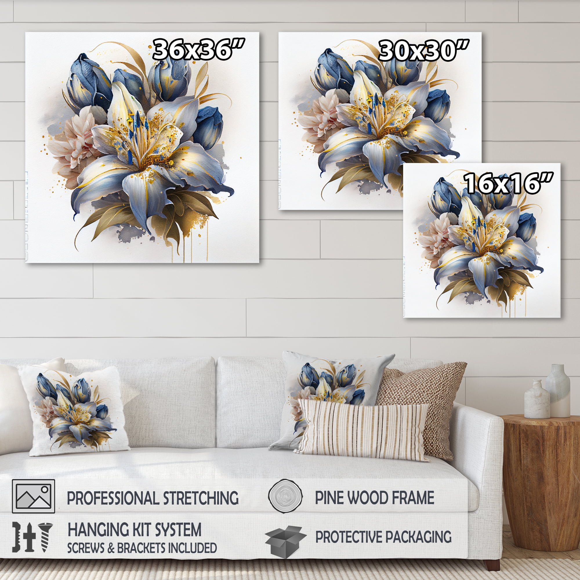 Designart Gold And Blue Lily Bouquet III Canvas Wall Art