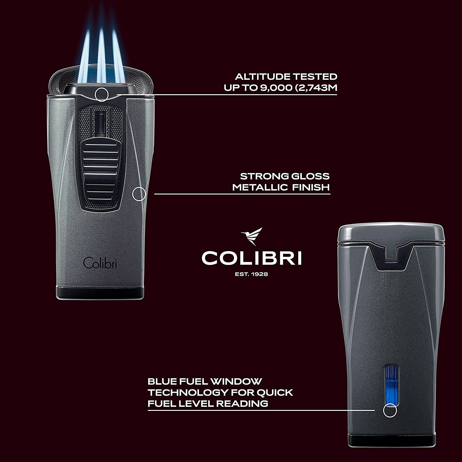 Colibri Monaco Triple Jet Flame Lighter - Windproof & Refillable, Cigar Enthusiast's Choice with Blue Fuel Window and Adjustable Flame (Metallic Charcoal)