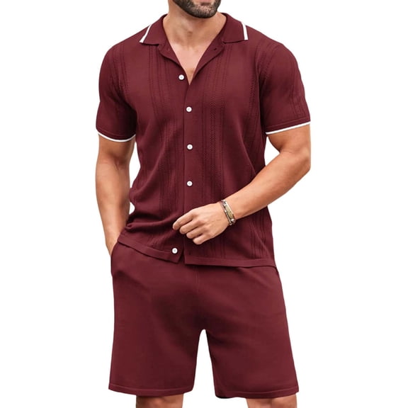 Mens Cotton Shorts Set Summer 2 Piece Outfits Button Down Polos Shirts Dressy Casual Matching Sets Wine, 3XL